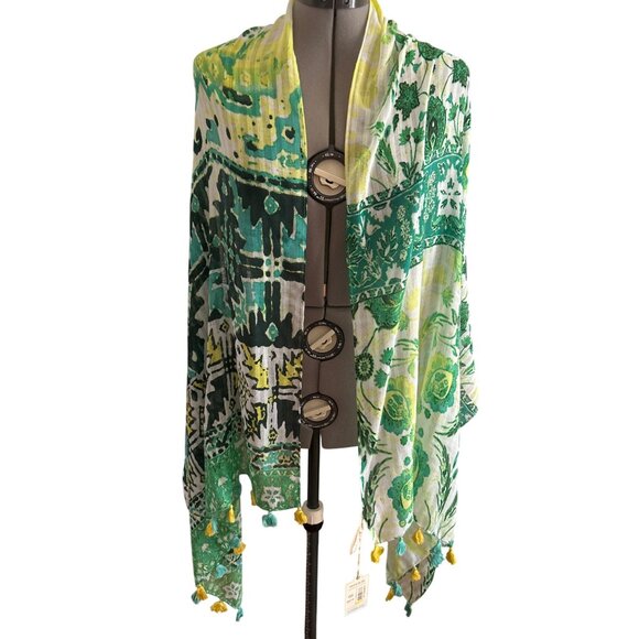 Dept. 222 Green & Yellow Floral Patterned Scarf/Shawl Wrap With Tassels - Picture 2 of 7